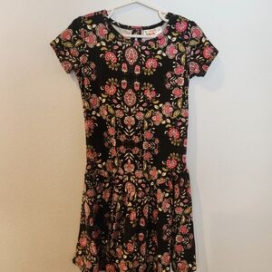 Dot Dot Smile Black Dress with Pink and Cream Floral Pattern